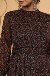 Black Alphin Chiffon Flared Printed Dress With Tie-up Blet